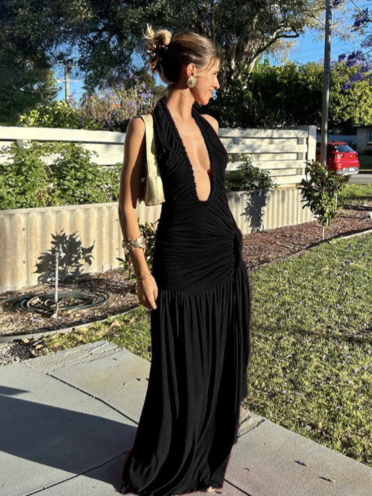 שמלת מקסי כיווצים בעיטור קשירה גב פתוח מחשוף V עמוק - פלג