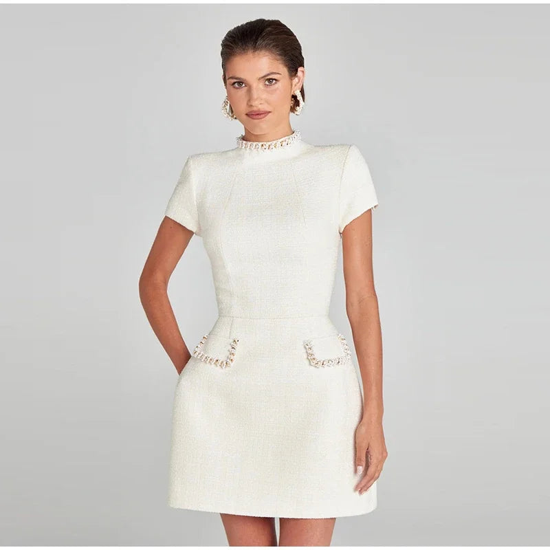 שמלת מיני אלגנטית שרוול קצר/ארוך סגנון מחויט בד ארוג בעיטור נצנצים ופנינים - Lucia