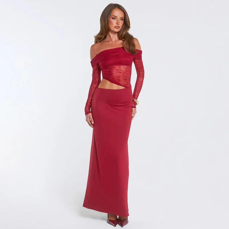 Off-the-shoulder maxi dress with lace and slit - LOLA