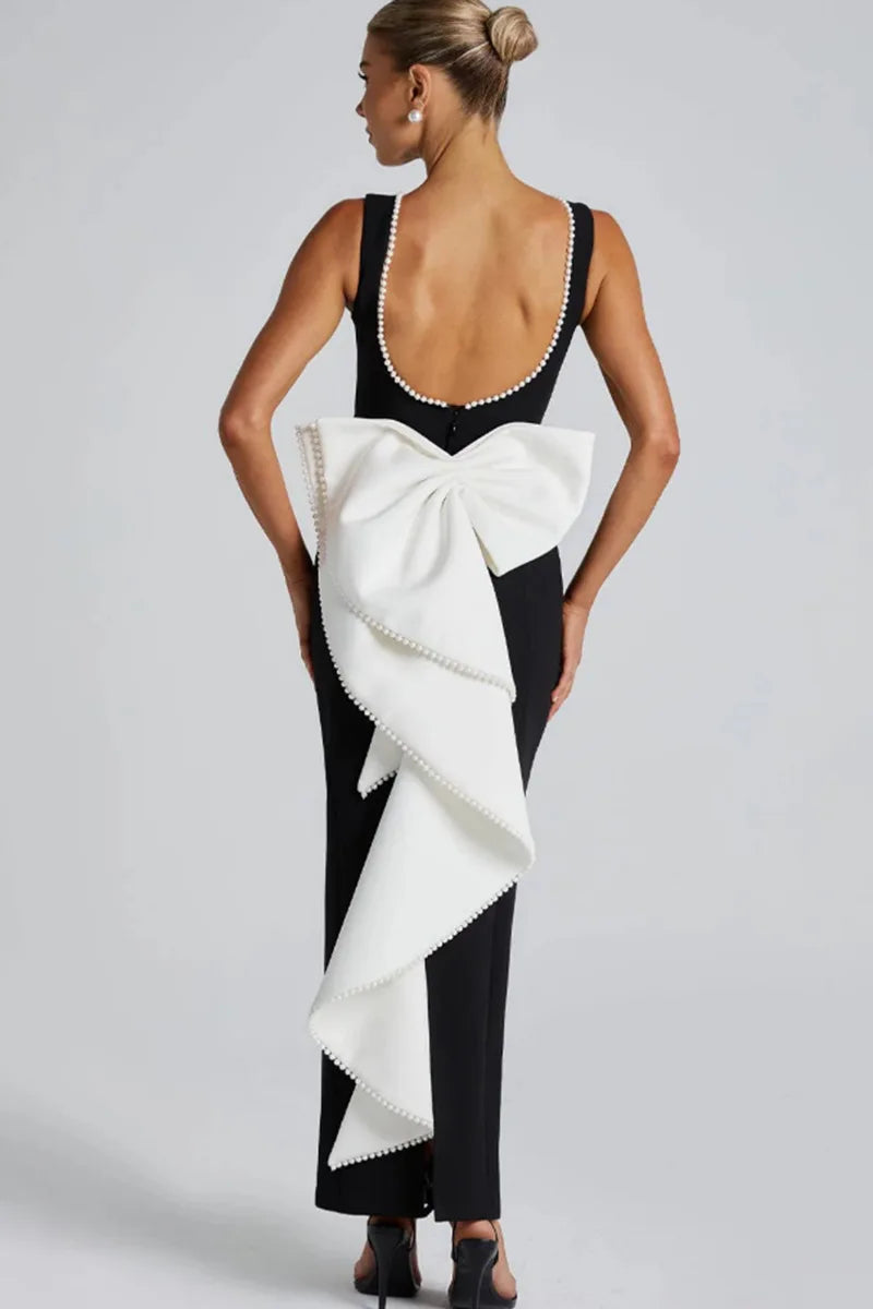 שמלת מקסי בעיצוב אלגנטי יוקרתי בעיטור פפיון ופנינים גב פתוח - קריסטין