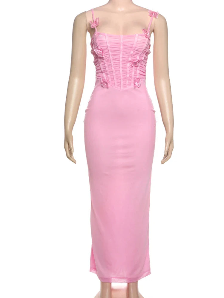 שמלת מקסי שיפון בעיצוב כיווצים ואפליקציות פרפרים - הללי