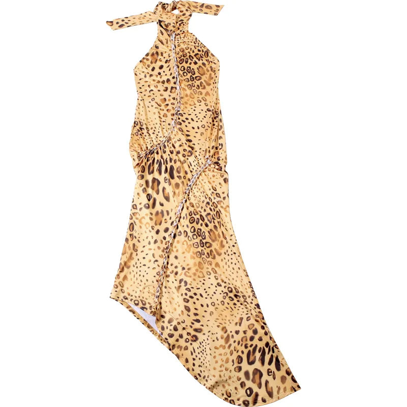 שמלת מקסי מנומרת בעיצוב אסימטרי קשירה בצוואר - רוקסי