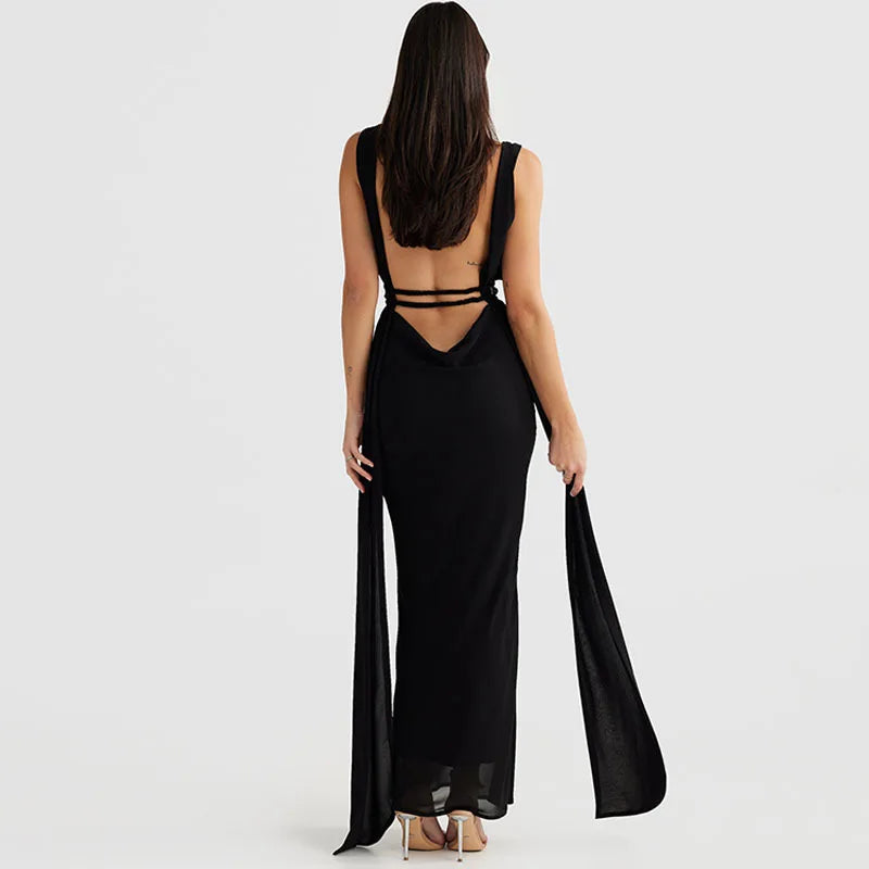 שמלת ערב מקסי גב פתוח מחשוף עמוק - אדלינה