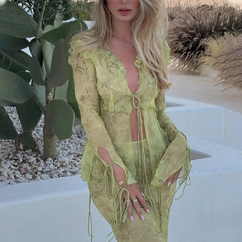 סט חוף שני חלקים חצאית מקסי וחולצת קשירה בעיטור מלמלה - זאמביה