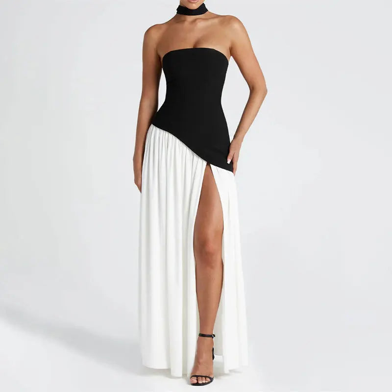 שמלת מקסי סטרפלס קשירה בגב בעיצוב חצאית שיפון בעיטור שסע וצעיף תואם - Zora