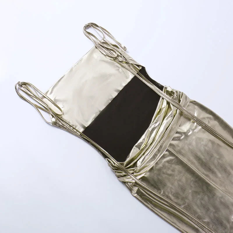 שמלת מקסי בגוון ברונזה מטאלי בעיצוב קשירה בכתפיות גב פתוח - ננסי