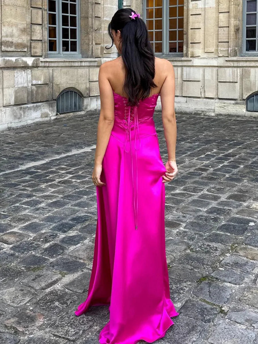 שמלת מקסי סאטן קשירה בגב להצמדה במותן - Lilia