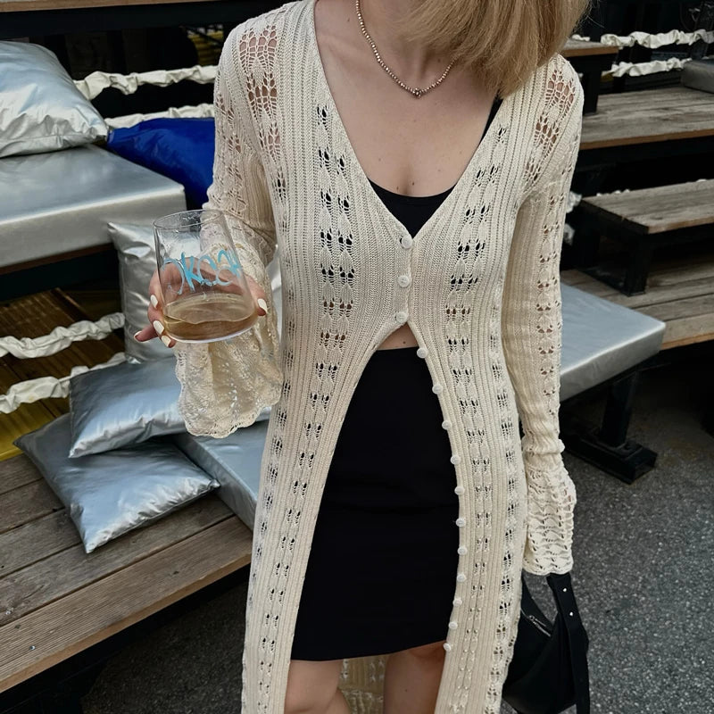 שמלת / עליונית מקסי קרושה סרוגה סגירת כפתורים - דוון