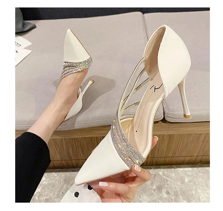 Suede Fabric Pointed Heel Shoes with Sparkling Sequin Design - Alior