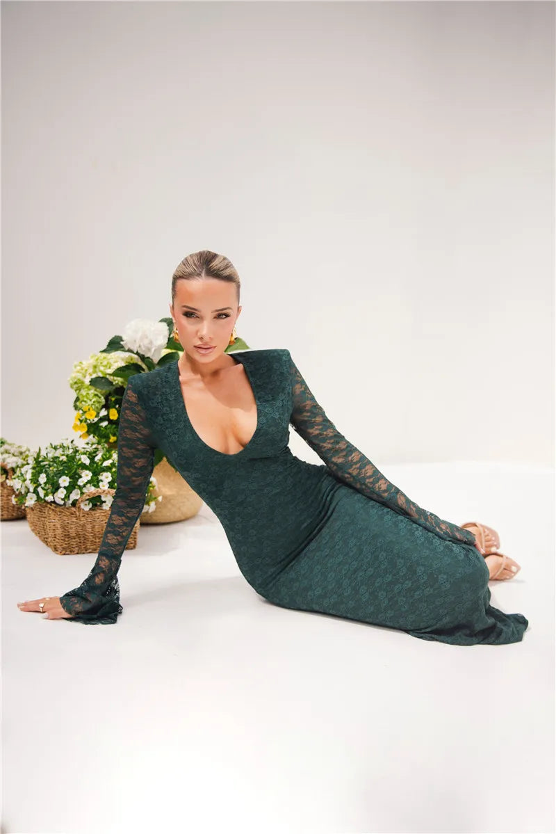 Bell Sleeve Lace Maxi Dress V Neckline - Zohara