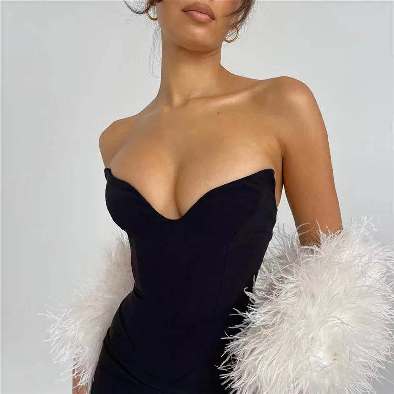 שמלת ערב מקסי סטרפלס מחויטת בד מחטב ומחמיא - ג'ון