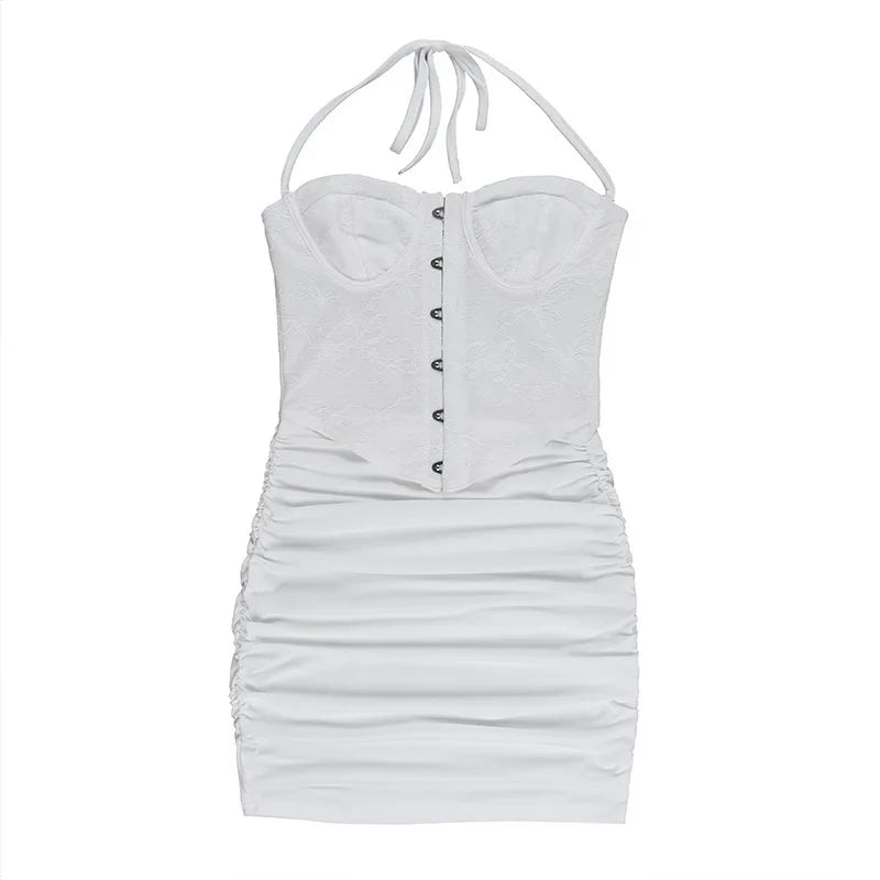 שמלת מיני כיווצים צמודה בעיצוב מחוך תחרה סגירת סיכות גב פתוח - אמילי