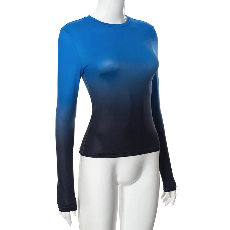 חולצת סתיו דקה שרוולים ארוכים בעיצוב אומברה צבעים - סייאנה