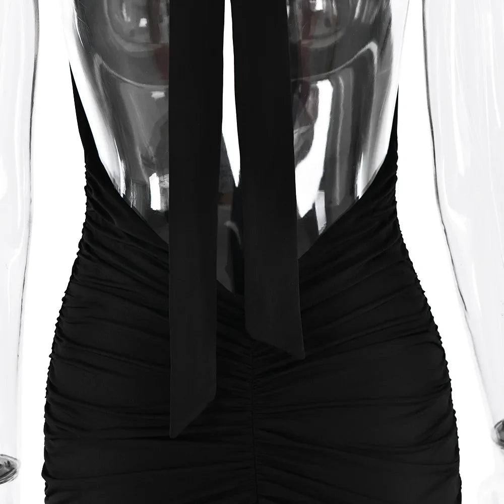 שמלת מקסי כיווצים מחשוף וי עמוק שסע עמוק קשירה בצוואר - דר