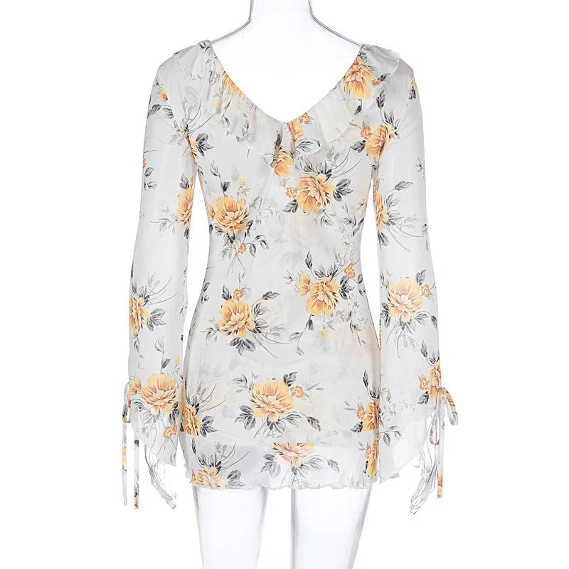 שמלת מיני שיפון פרחונית מלמלה - מרי לין