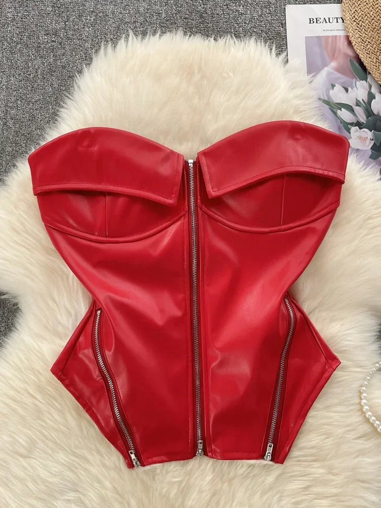 מחוך סטרפלס דמוי עור סגירת רוכסן קדמי - Carter