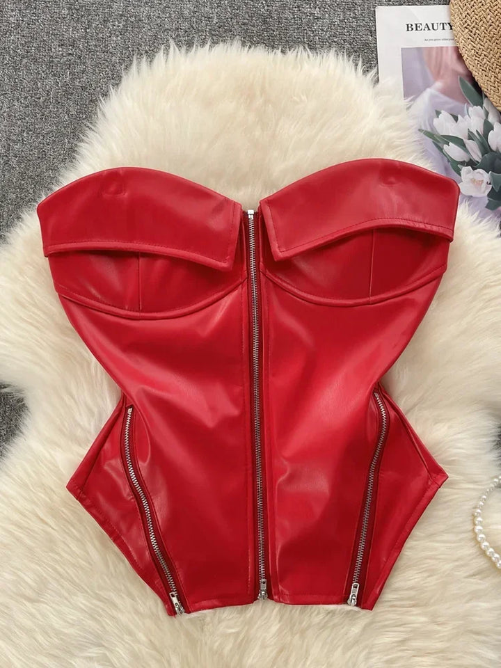 Strapless leatherette corset with front zipper closure - Carter