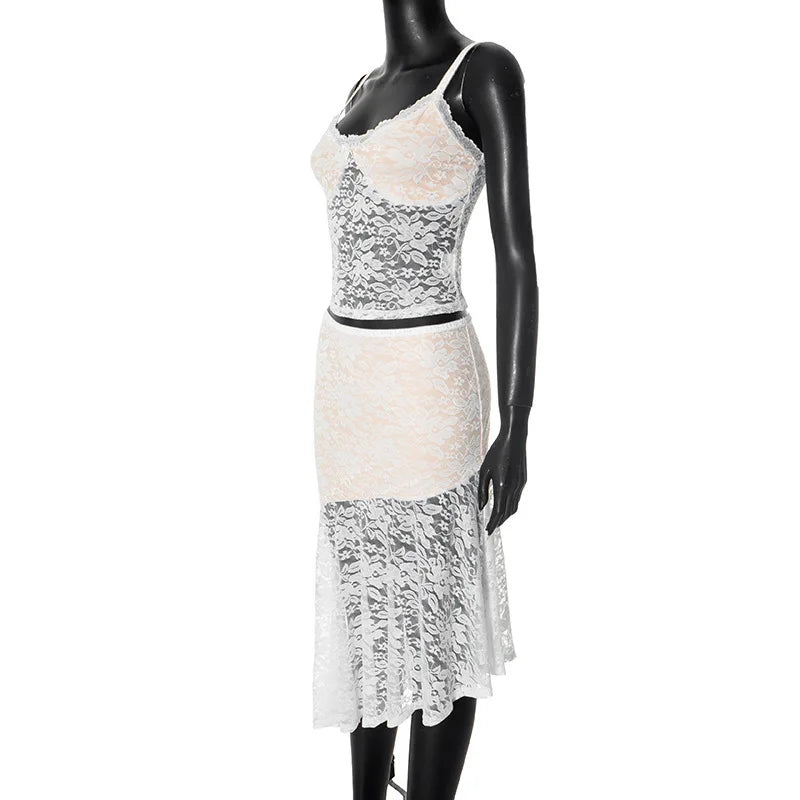 סט תחרה שני חלקים טופ גופיה וחצאית מידי - משי