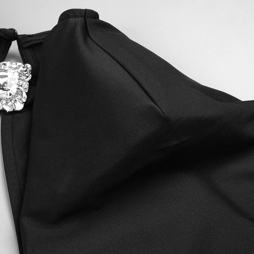 Maxi dress with a slit design and a mesh bodice with a diamond buckle - AMOR