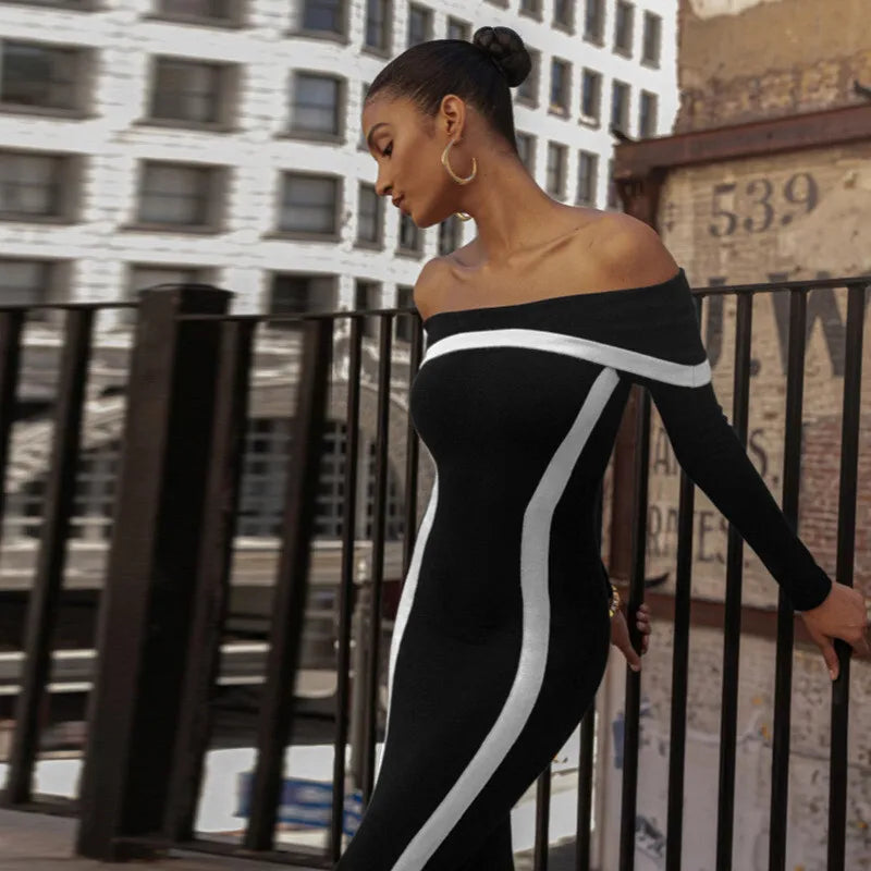 שמלת מקסי כתפיים חשופות בעיטור קווי מתאר - קייטי