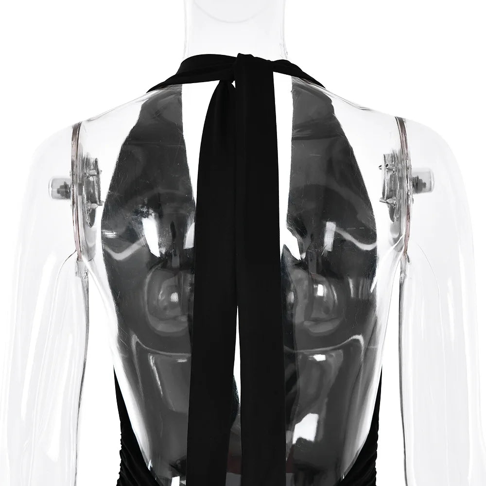 שמלת מקסי כיווצים מחשוף וי עמוק שסע עמוק קשירה בצוואר - דר