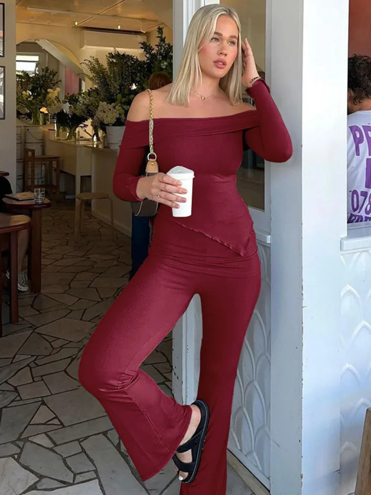 חליפת שני חלקים סרוגה חולצת כתפיים חשופות בגזרה אסימטרית ומכנסיים ארוכים - ROZIE