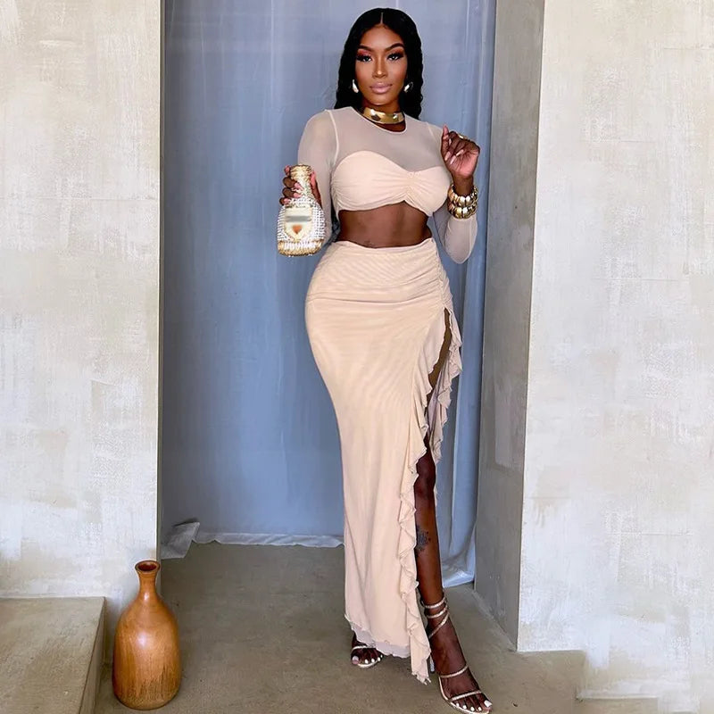 סט שני חלקים בעיצוב כיווצים טופ וחצאית מקסי מלמלה בעיטור שסע - Fernanda