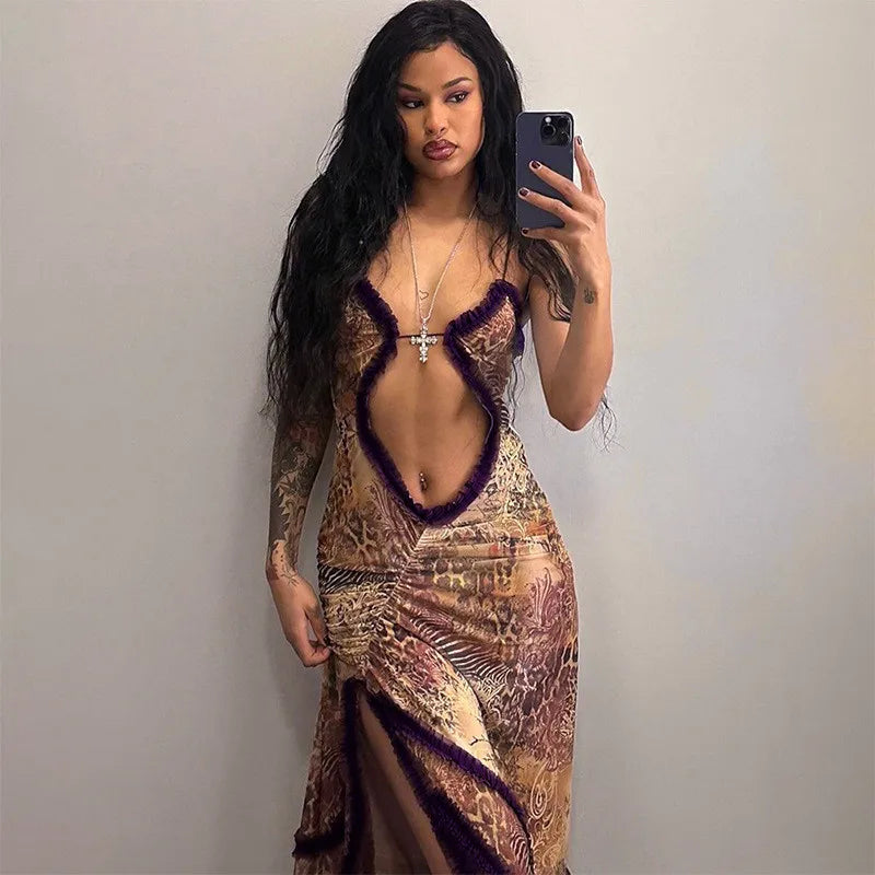 שמלת מקסי שיפון בעיטור מלמלה בעיצוב שסע ופתח - ג'ולי