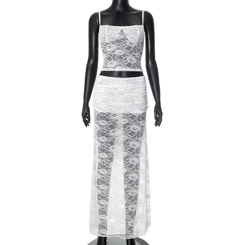 Two-piece lace set, tie-back tank top and maxi skirt - Rachel