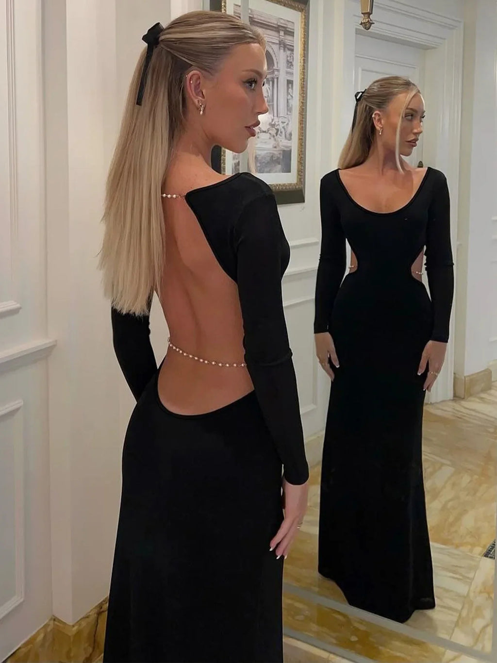 שמלת מקסי גב ומותן פתוח בעיטור שרשראות - דניס