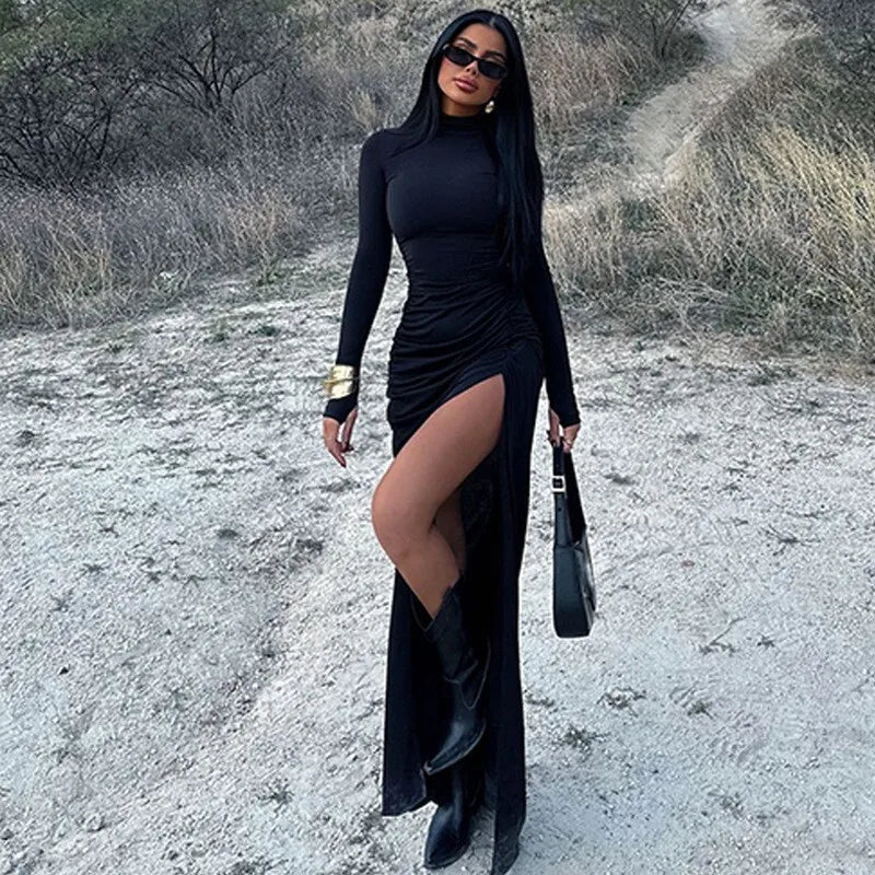 שמלת מקסי כיווצים צווארון גולף בעיצוב שסע עמוק - סאשה