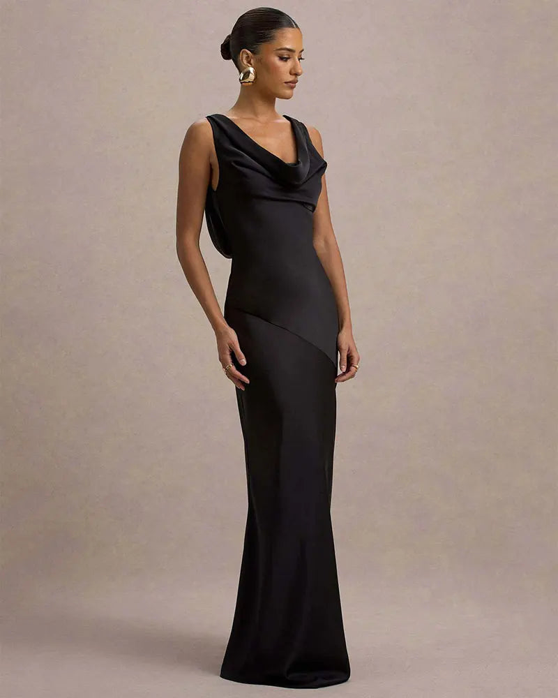 שמלת מקסי סאטן בעיצוב צווארון נופל וגב פתוח - אלקסיס