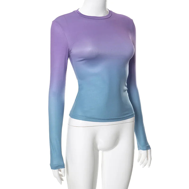 חולצת סתיו דקה שרוולים ארוכים בעיצוב אומברה צבעים - סייאנה