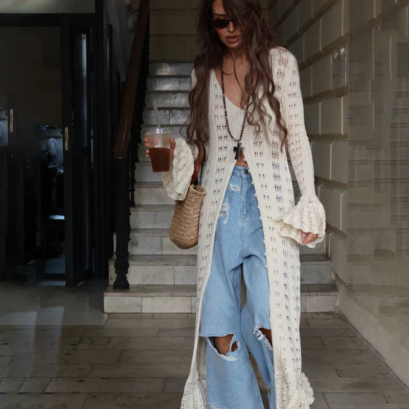 שמלת / עליונית מקסי קרושה סרוגה סגירת כפתורים - דוון