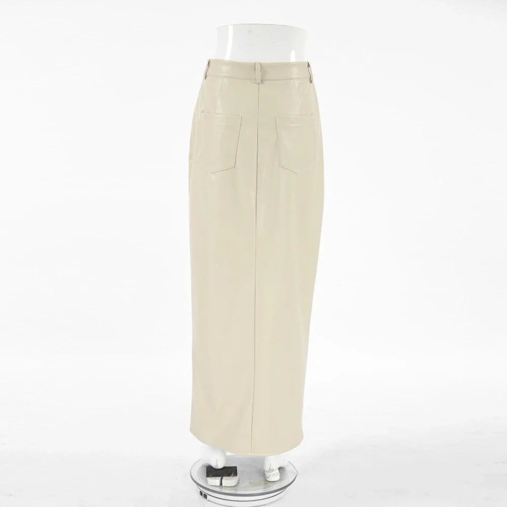 חצאית מקסי דמוי עור בעיצוב שסע - MAGEN