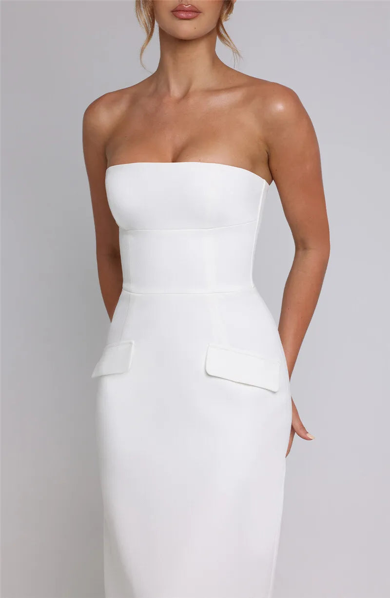 שמלת מקסי סטרפלס צמודה בעיטור דמוי כיסים - SEAN