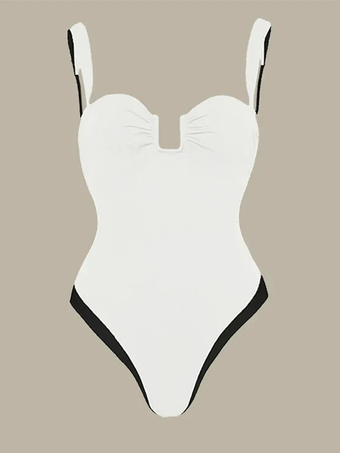 Retro monochrome one-piece swimsuit + tie-up wrap skirt - Rochelle
