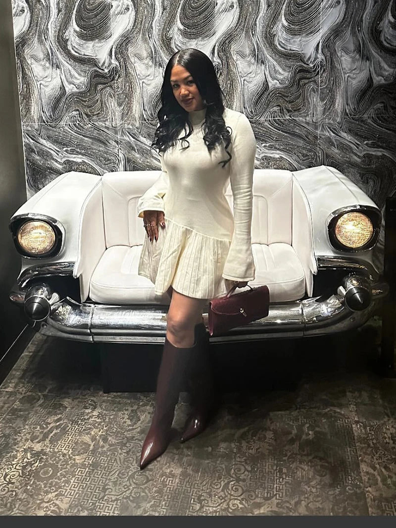 שמלת מיני מלמלה סרוגה בעיצוב אסימטרי צווארון גולף - אוהב