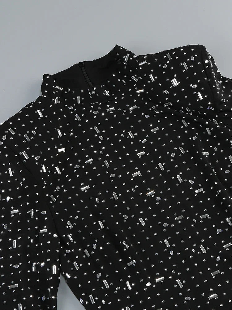 שמלת ערב מקסי יוקרתית בעיטור יהלומים מנצנצים צווארון גולף - Emerson