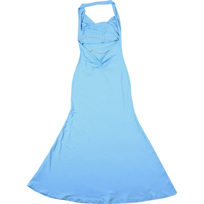 שמלת מקסי צווארון נופל גב פתוח בעיטור שרשרת פנינים - Camille