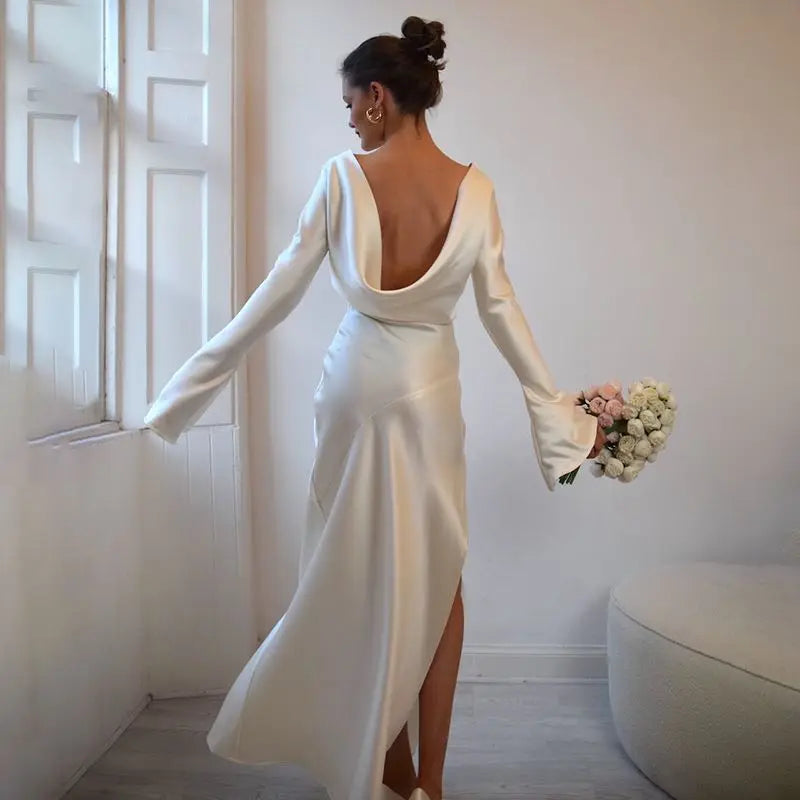 שמלת ערב מקסי סאטן גב פתוח בשילוב שסע ושרוולי פעמון  - מריאן