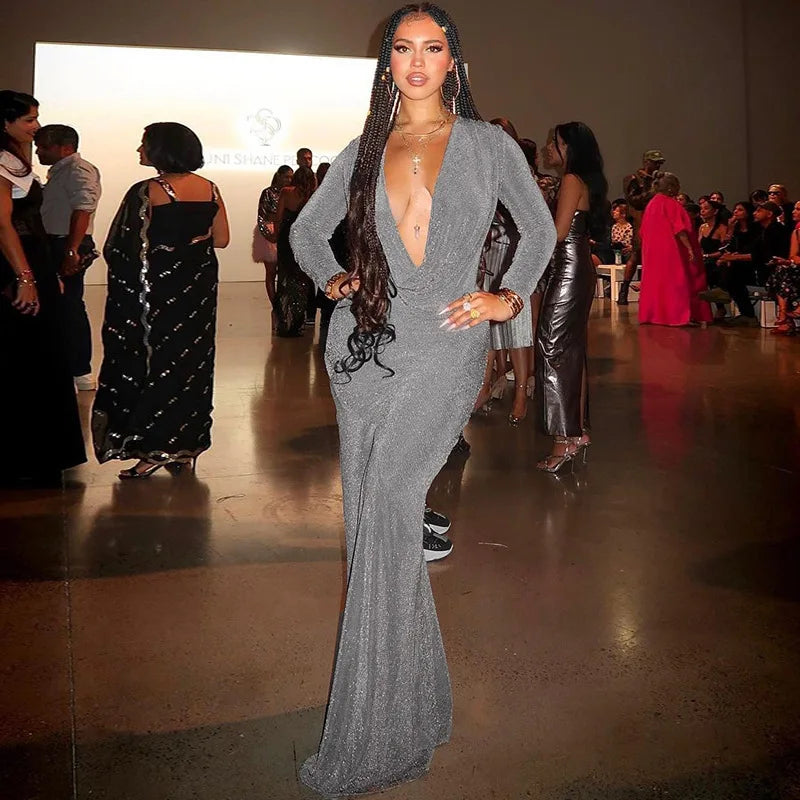 שמלת ערב מקסי נצנצים מחשוף עמוק - לאורה