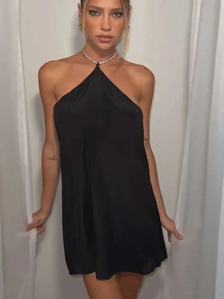 שמלת מיני סאטן בעיצוב חוטי זרקונים מנצנצים לקשירה בצוואר - קולין