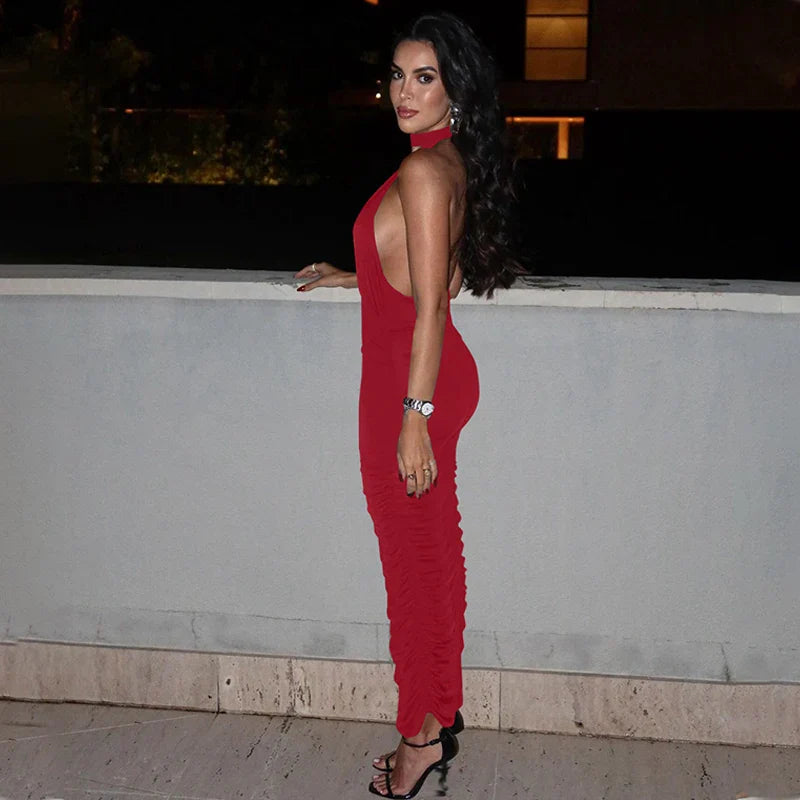 שמלת מקסי קולר כיווצים צמודה צווארון V גב פתוח - Jimena
