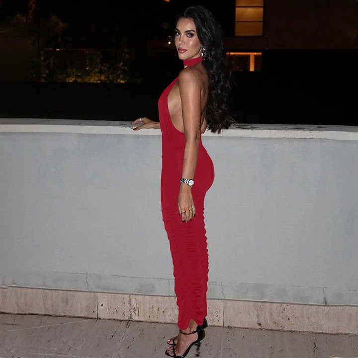 שמלת מקסי קולר כיווצים צמודה צווארון V גב פתוח - Jimena