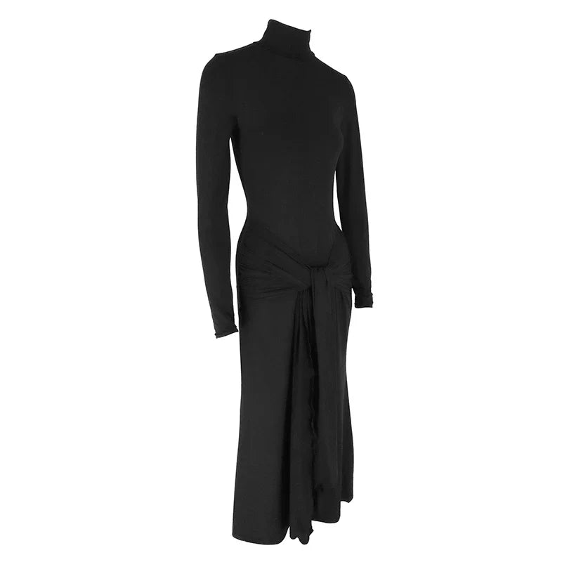 שמלת מקסי צווארון גולך בעיצוב כיווצים וקשירה - מרגריטה