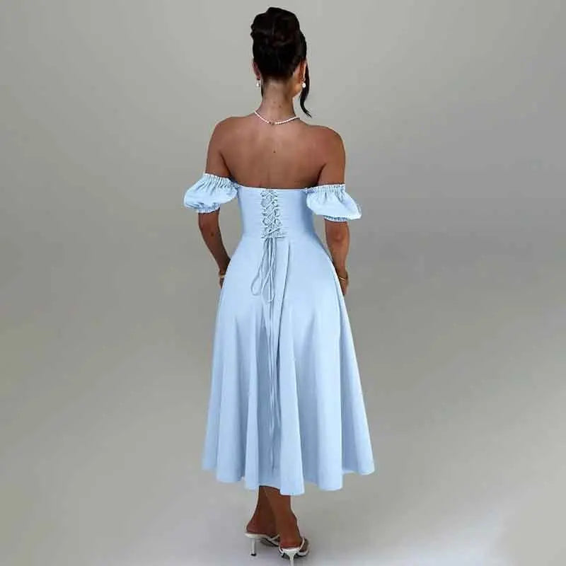 שמלת מקסי בגזרת A בעיצוב כתפיים חשופות שרוולים נפוחים - ג'ינה