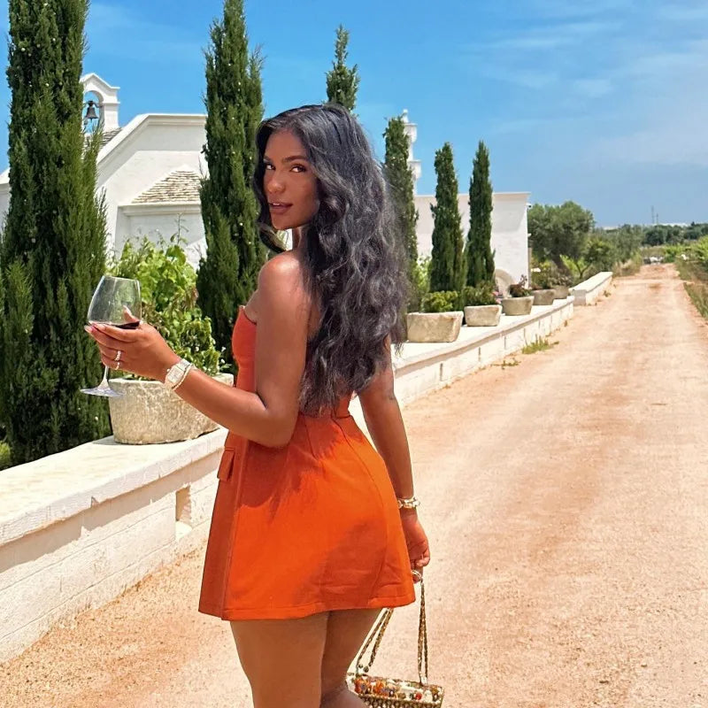 שמלת מיני סטרפלס בגזרת A בעיטור דמויי כיסים - אנחלס