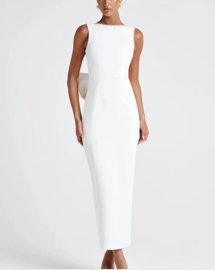 שמלת מקסי בעיצוב אלגנטי יוקרתי בעיטור פפיון ופנינים גב פתוח - קריסטין