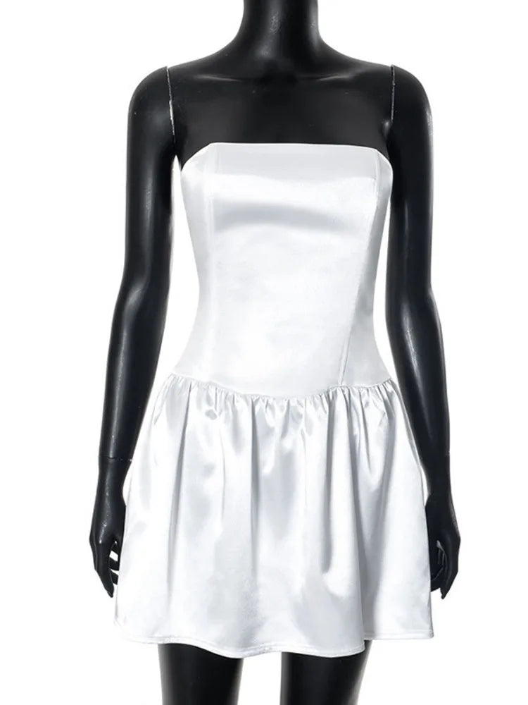 שמלת מיני סטרפלס סאטן קשירות בגב - מילי